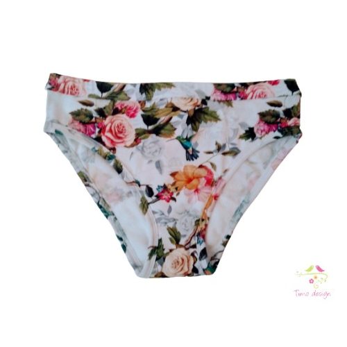 Period panties for light flow in bikini style with colourful roses and hummingbird pattern on white base