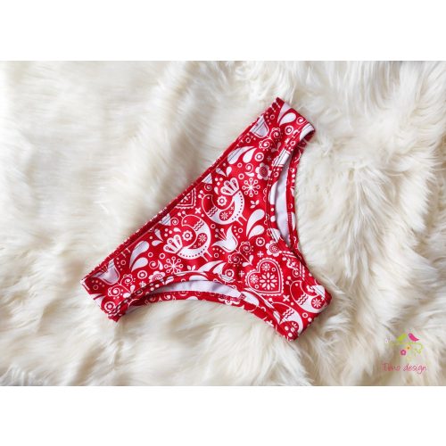 Brazilian period panties with red and white Hungarian folk art patterns, for light to moderate flow