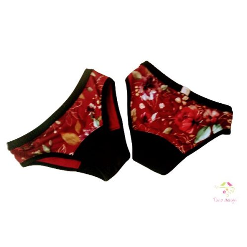 Period panties for moderate flow, with "gold flowers on burgundy base" pattern