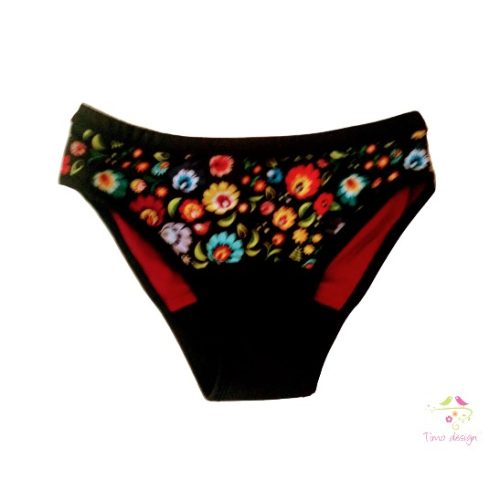 Period panties for moderate flow, with "colourful folkart flowers on black base" pattern