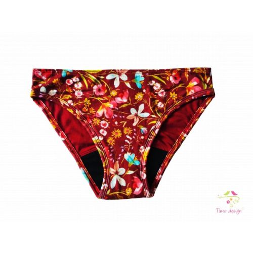 Period panties for moderate flow, with colorful flowers on bordeaux base