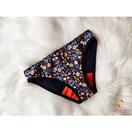 Period panties for moderate flow, with colorful flowers on dark blue base