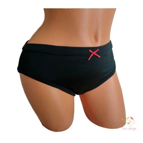 Black period panties for heavy flow, in bikini style, with red bow