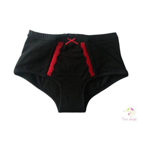 Black period panties for extra heavy flow, in boyshort style, with red bow and lace S-XL
