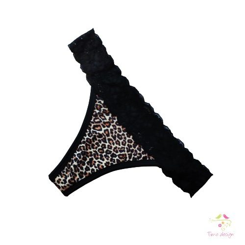 Brazilian thong period panties with black lace and panther pattern for light flow