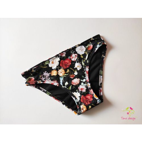 Black period swimwear, bikini bottom with colourful flower pattern
