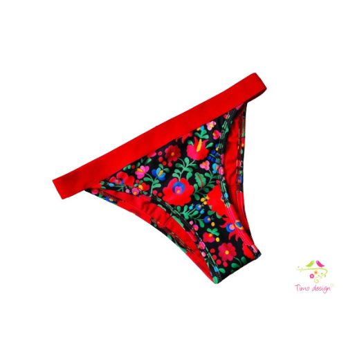 Matyó mintás brazil (féltanga) fazonú menstruációs fürdőruha alsó, bikini alsó, fürdőbugyi, piros derékrésszel
