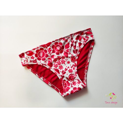 Piros-fehér népi virág mintás menstruációs fürdőruha alsó, bikini alsó, fürdőbugyi