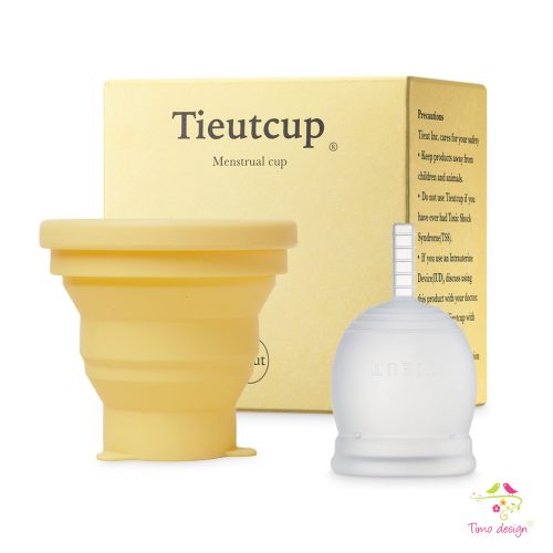 Tieut menstrual cup with foldable sterilizing cup and compressible container