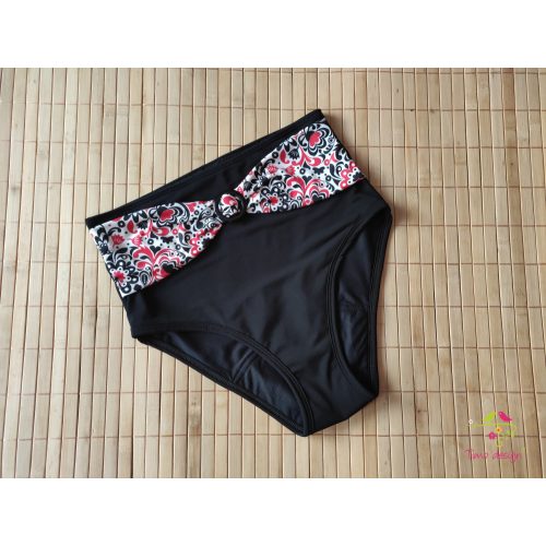 Black high waist period swimwear, bikini bottom with folk art belt