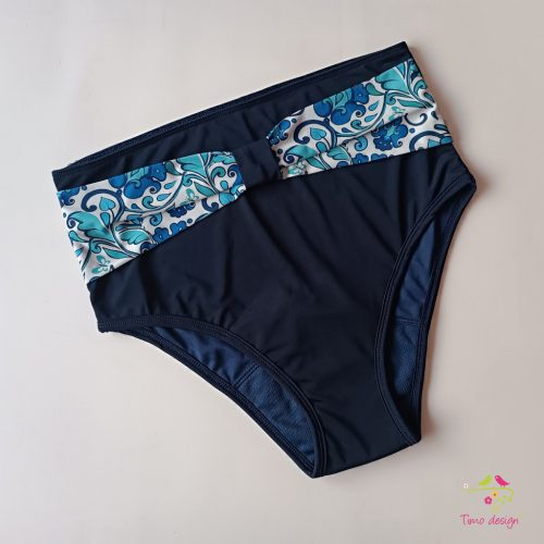 Sötétkék magas derekú menstruációs bikini alsó, népi motívumos övdísszel