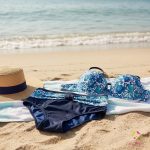 Sötétkék magas derekú menstruációs bikini alsó, népi motívumos övdísszel