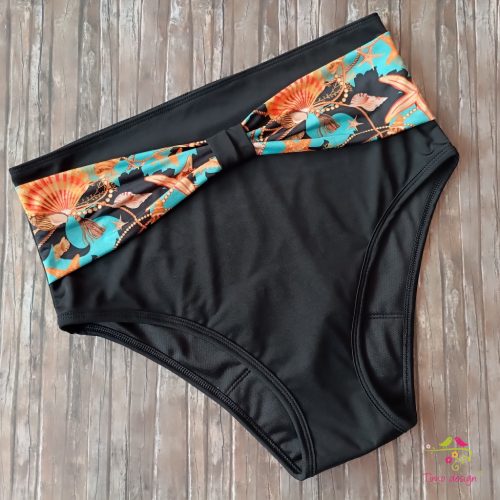 Fekete magas derekú menstruációs bikini alsó, tenger mintás övdísszel