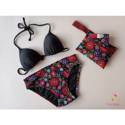 Matyó mintás csípőfazonú menstruációs bikini, fürdőruha alsó, fürdőbugyi