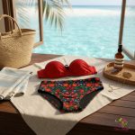 Middle waist period swimwear, bikini bottomwith Hungarian folk art pattern