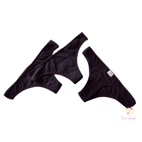 Black bio cotton period panties in thong style for light flow, BUNDLE PACK, 3 pcs