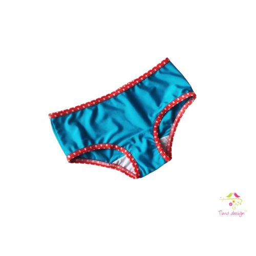 Turquoise teen leak-proof swim bottom with red-white polka dot gum