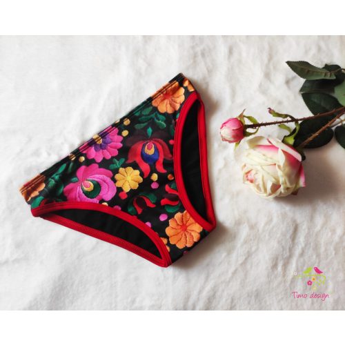 Period panties for light flow in bikini style with Hungarian folk art pattern