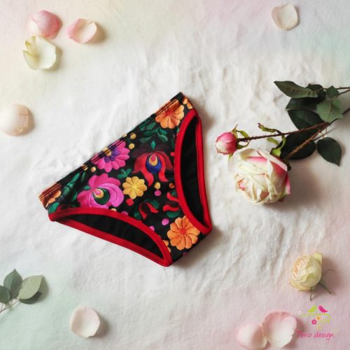 Period panties for light flow in bikini style with Hungarian folk art pattern