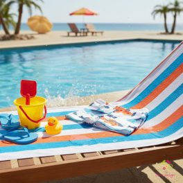   Boy swimming trunks and cap set with blue-orange fishes pattern