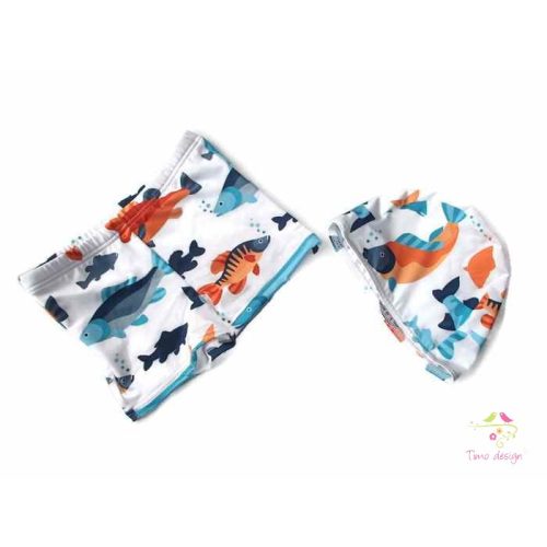 Boy swimming trunks and cap set with blue-orange fishes pattern