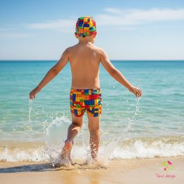Boy swimming trunks and cap set with forest animals pattern