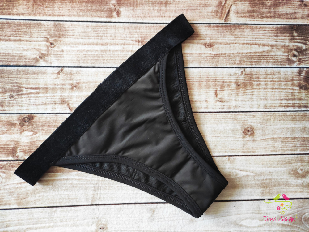 Fekete brazil (féltanga) fazonú menstruációs fürdőruha alsó, bikini alsó, fürdőbugyi (gumipánt derékkal)