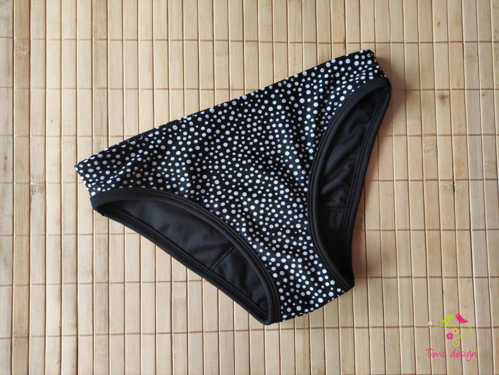 Fekete alapon fehér apró pöttyös menstruációs bikini, fürdőruha alsó, fürdőbugyi