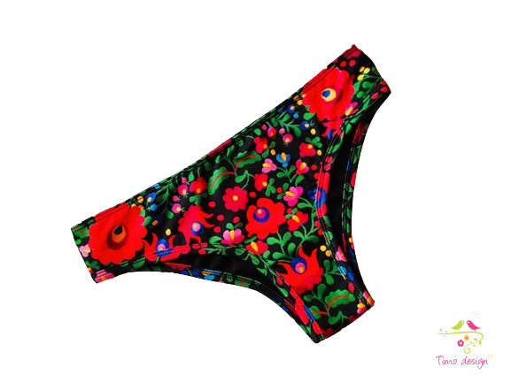 Matyó mintás brazil (féltanga) fazonú menstruációs fürdőruha alsó, bikini alsó, fürdőbugyi