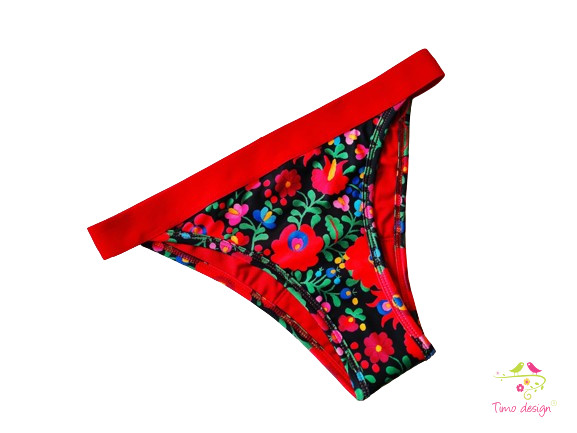 Matyó mintás brazil (féltanga) fazonú menstruációs fürdőruha alsó, bikini alsó, fürdőbugyi, piros derékrésszel